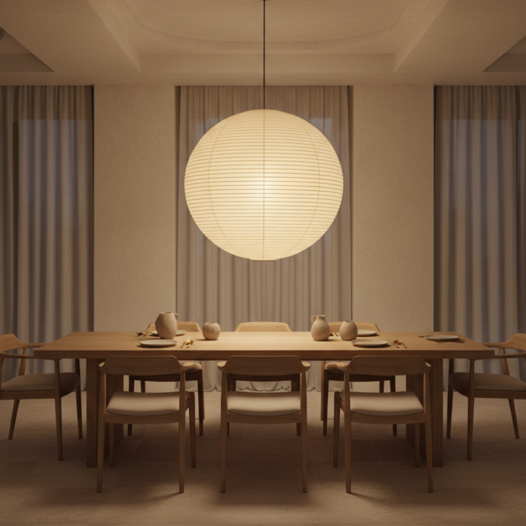 Lampe japonaise Akari. Lumière douce, ambiance zen, décoration intérieure minimaliste.