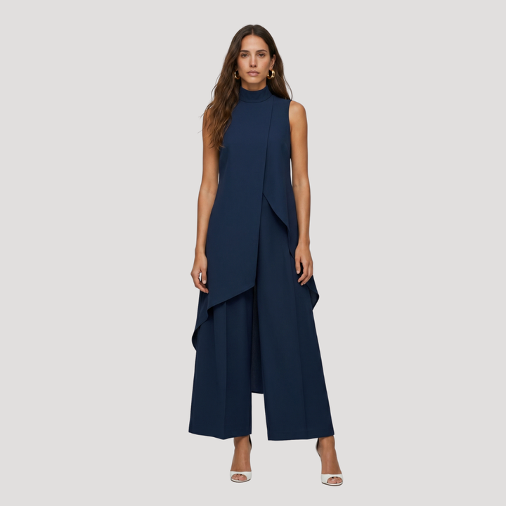 Ensemble femme fluide et élégant : haut asymétrique long et pantalon large confortable. Style moderne et féminin.