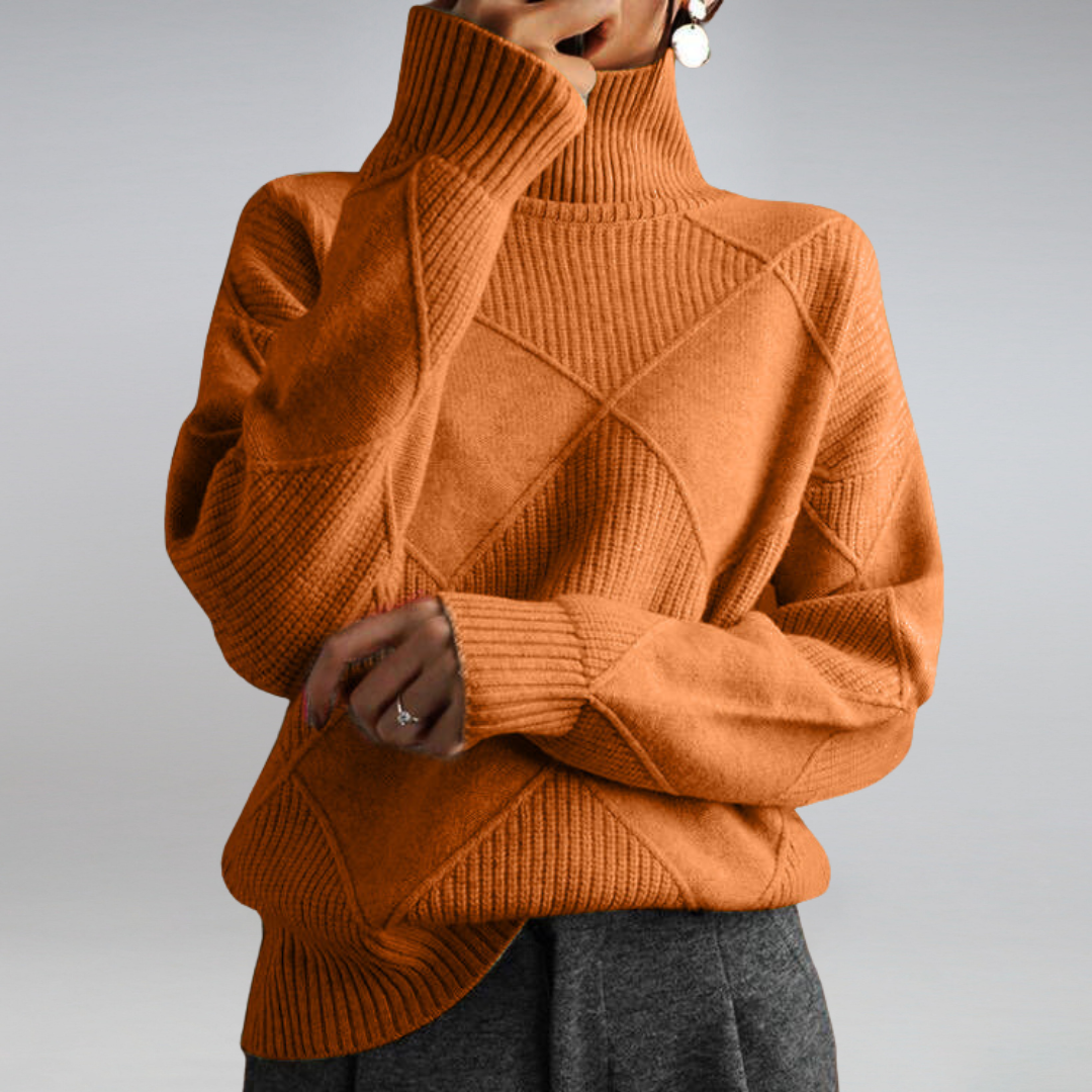 Pull col roulé femme moderne et confortable. Chandail chaud et élégant pour les journées d'hiver.