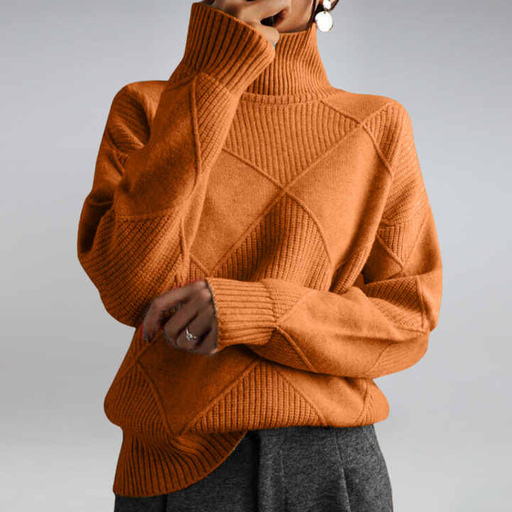 Pull col roulé femme moderne et confortable. Chandail chaud et élégant pour les journées d'hiver.