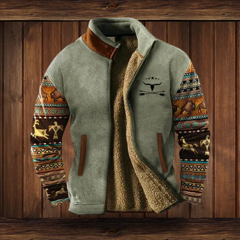 Gros plan sur les motifs ethniques et le tissu épais de la veste chaude homme style western. Parfaite pour l'extérieur.