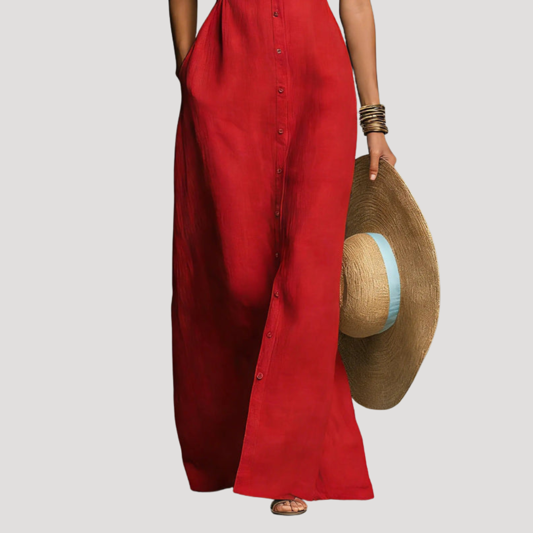 Robe d'été longue boutonnée femme, sans manches, coupe cintrée, idéale pour une mode féminine décontractée.