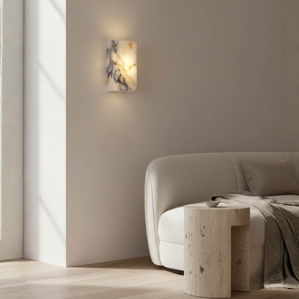 Applique murale LED, marbre pierre naturelle, design scandinave épuré, éclairage intérieur contemporain.