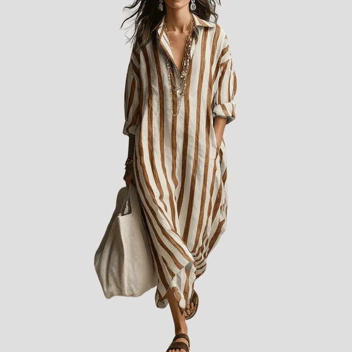Robe chemise rayée longue femme, mode élégante pour le printemps et les journées décontractées.