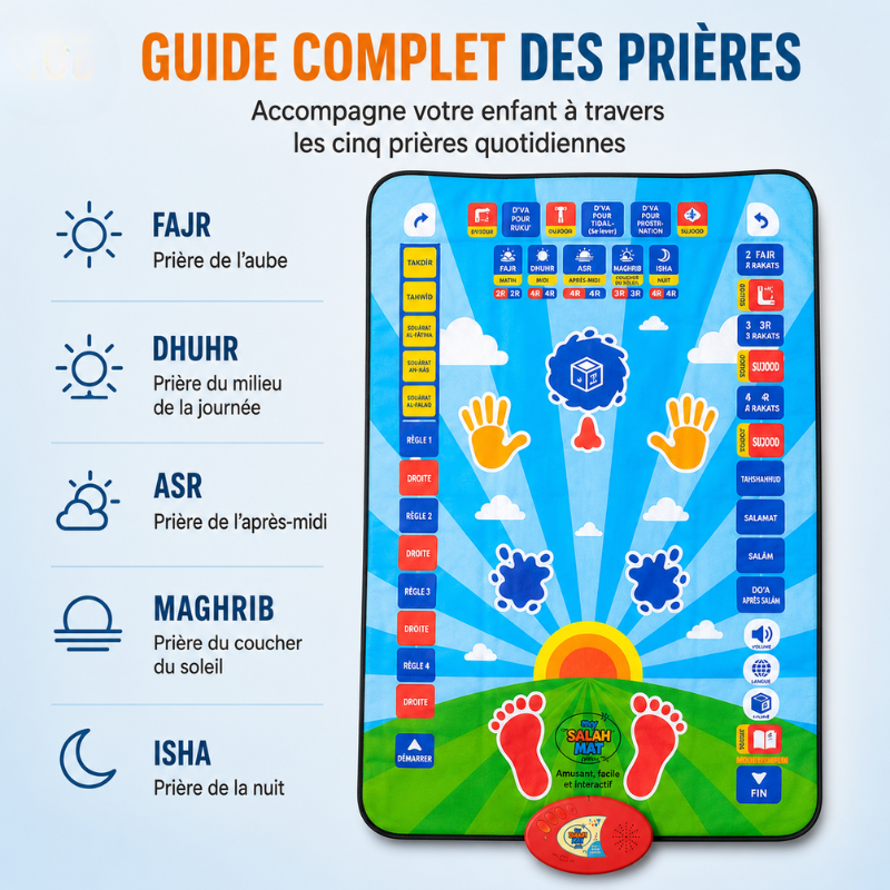 Enfant apprend l'islam et la salat sur tapis de prière éducatif et interactif. Idéal pour jeunes musulmans.