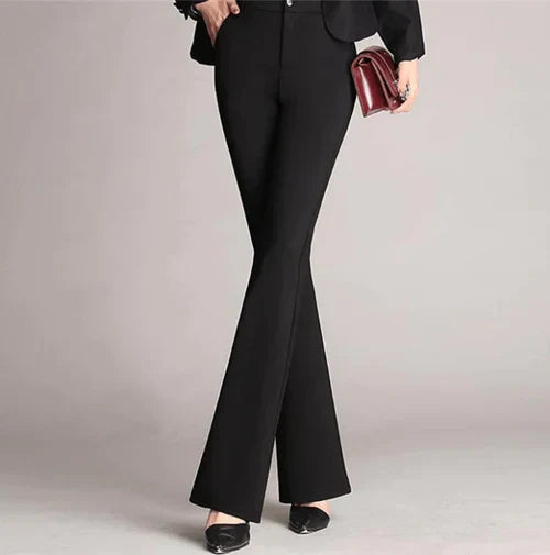 Pantalon femme Mila évasé, taille haute, ultra-confortable et extensible, un essentiel mode pour un look chic.