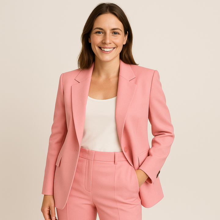 Tailleur pantalon femme chic pour le bureau, avec une veste et un pantalon slim modernes.