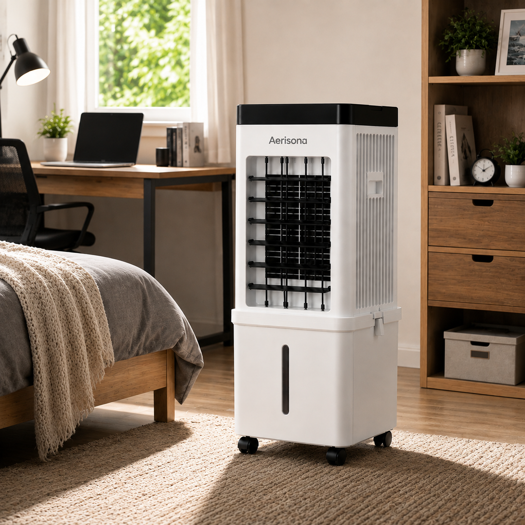 Rafraîchisseur d'air compact et mobile, utilise des cristaux de glace pour un refroidissement efficace.