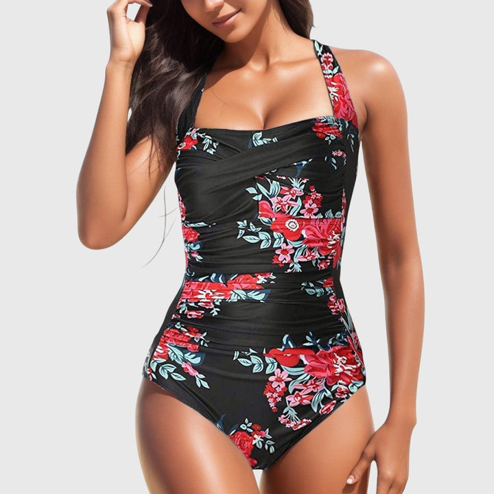 Vue de face du maillot de bain une pièce femme tropical froncé, col carré, parfait pour les vacances.