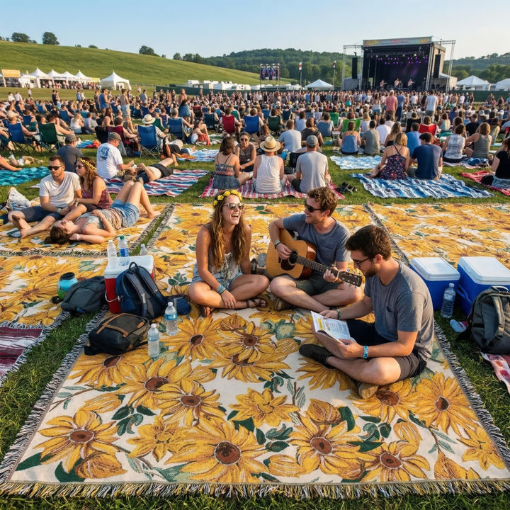 Plaid de jardin 180x230 cm avec imprimé floral, imperméable et robuste pour détente extérieure.