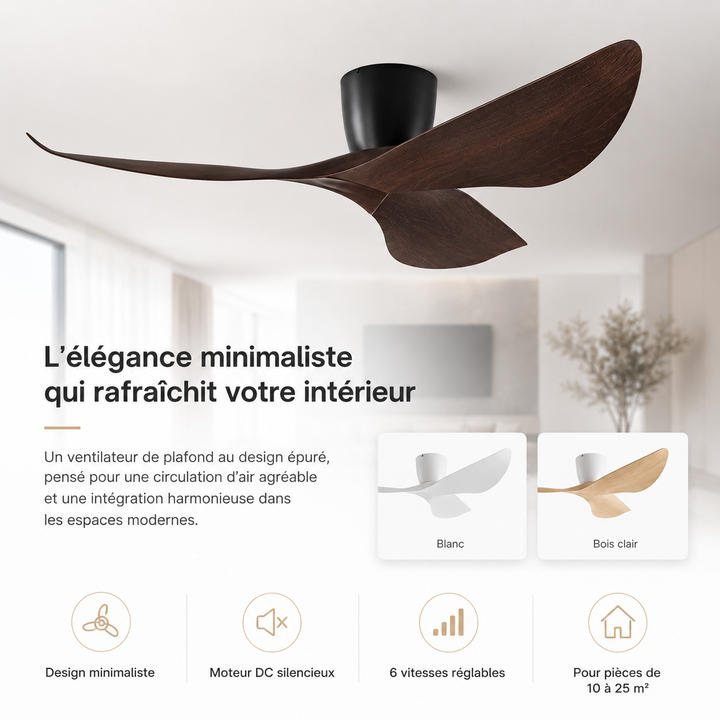 Ventilateur de plafond silencieux contrôlé par interrupteur mural, pales en bois, design moderne.