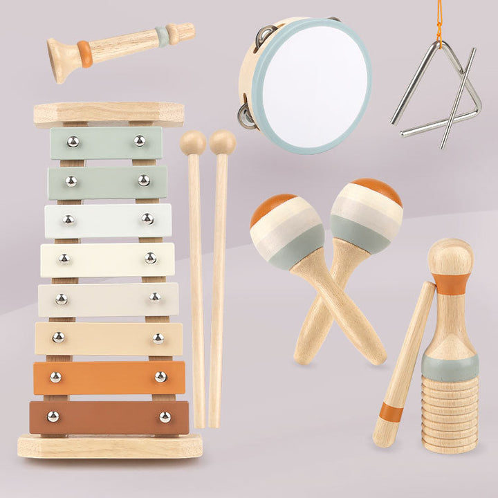 Set d'instruments de musique Montessori en bois pour l'éveil musical des tout-petits. Xylophone et maracas inclus.