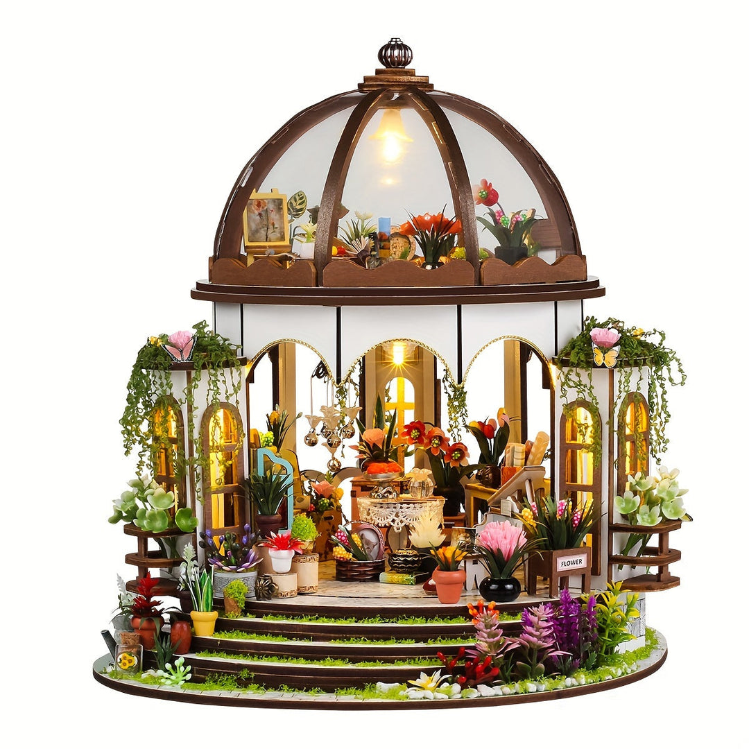 Charmante maison de fleurs miniature, puzzle 3D en bois avec éclairage LED. Jardin détaillé pour déco.