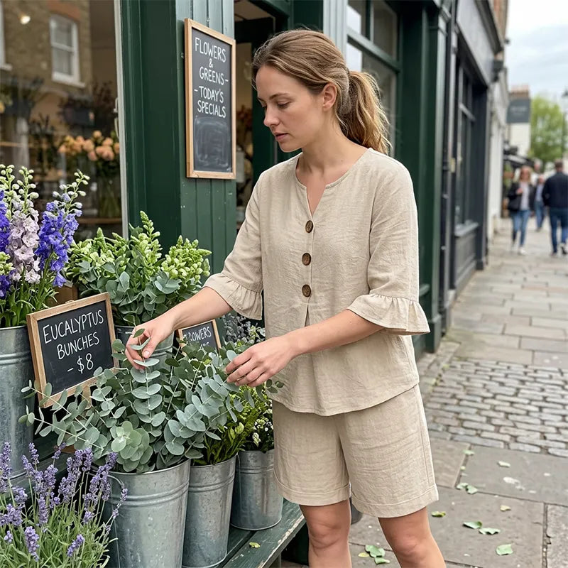 Ensemble décontracté femme : blouse à volants, short confortable, idéal pour l'été.
