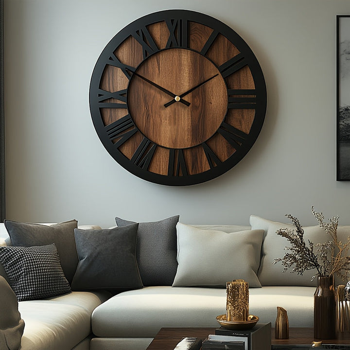 Grande horloge murale ronde en bois massif silencieuse, pour intérieur zen et élégant.