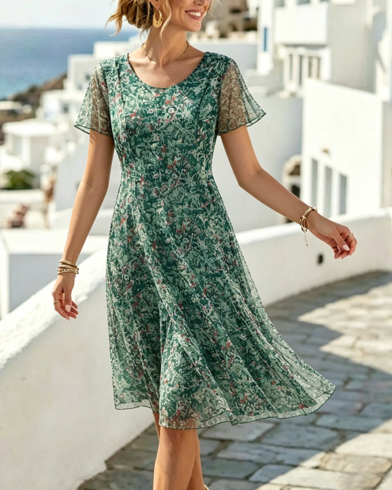 Robe florale femme coupe A, parfaite pour l'été et le printemps, style casual chic à manches courtes.