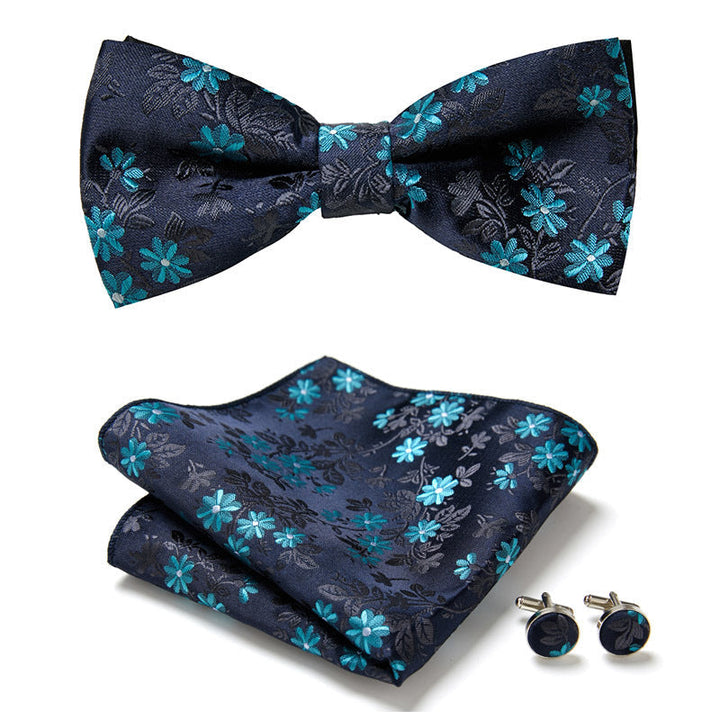 Ensemble homme polyester floral : nœud papillon, pochette, boutons de manchette mariage.