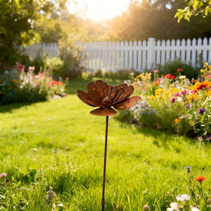 Piquet floral en métal rouillé, ornement de jardin pour une touche rustique et un éclairage d'ambiance subtil.