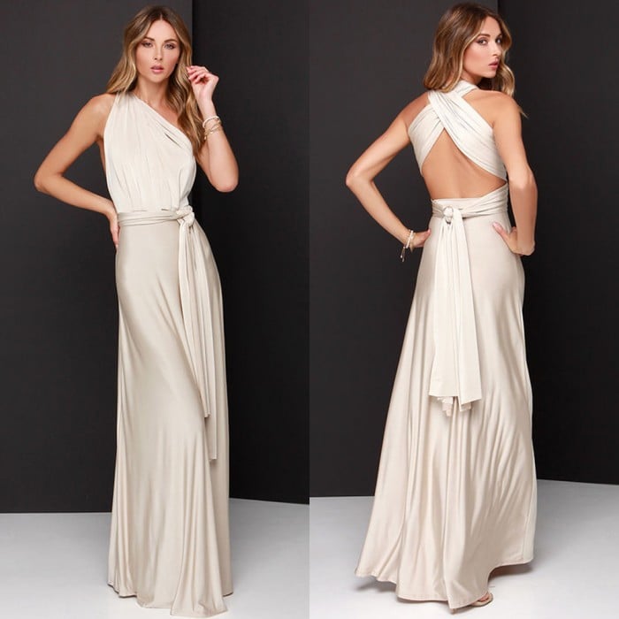 Robe longue femme aérée et confortable, dos ouvert, parfaite pour mariages et événements estivaux.