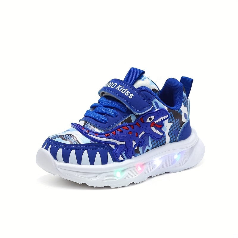 Tissu respirant des baskets garçons, dinosaures et LED. Chaussures de sport confortables avec fermeture scratch.