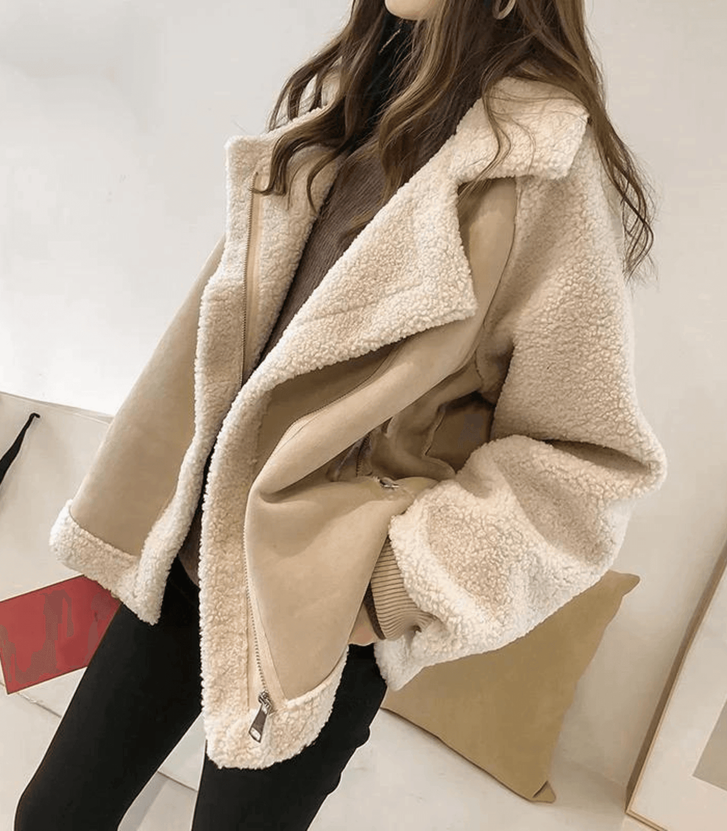 Varm Oversized Damjacka - Shearling - Bred Krage