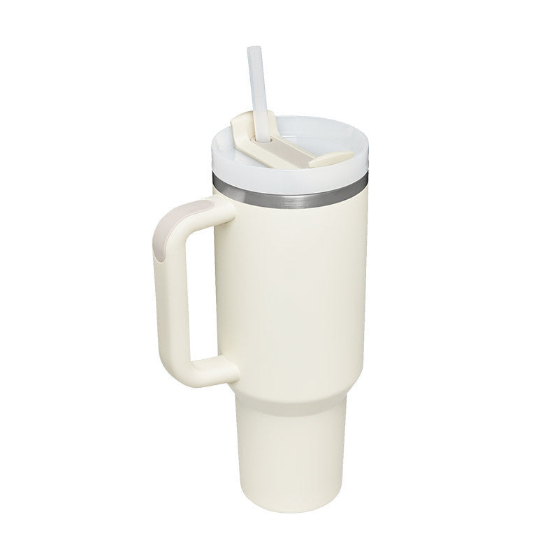 Tasse isolante unisexe pour hydratation en déplacement, avec poignée et paille.
