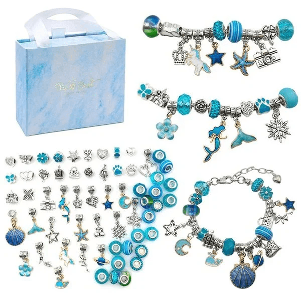 Assortiment de perles, breloques et fils pour kit création bracelets DIY filles, activité manuelle.