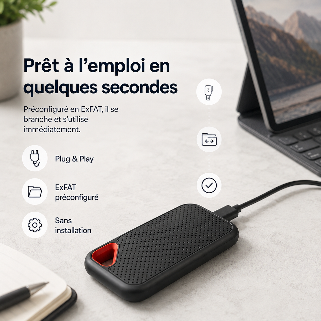 Disque dur SSD externe 2 To, technologie de stockage rapide pour transfert de fichiers via USB-C.