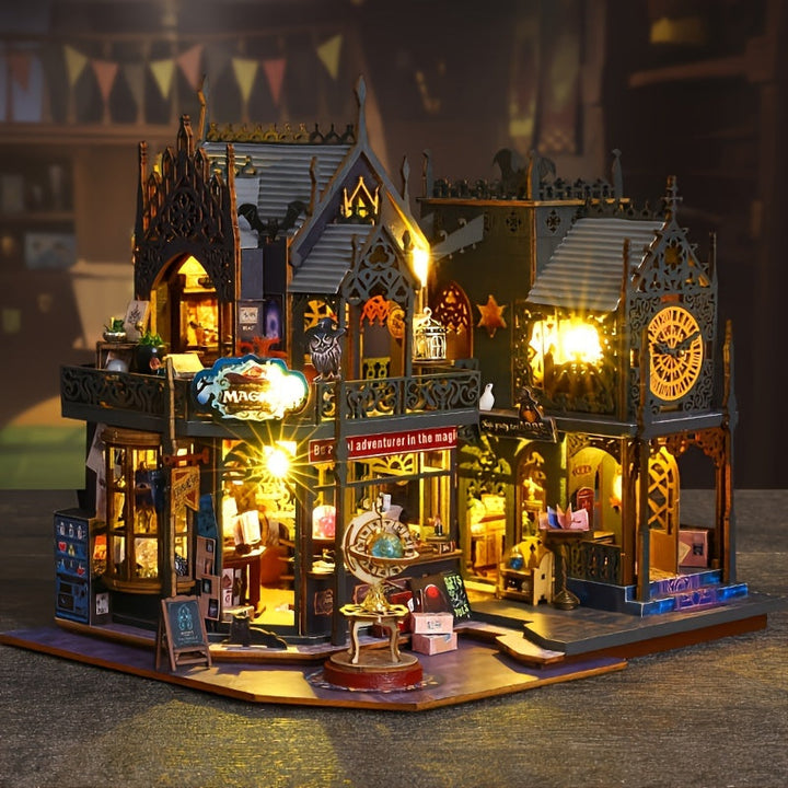 Puzzle 3D en bois lumineux Maison de Livres Enchantée exposé, une pièce unique pour amateurs d'artisanat et de lecture.