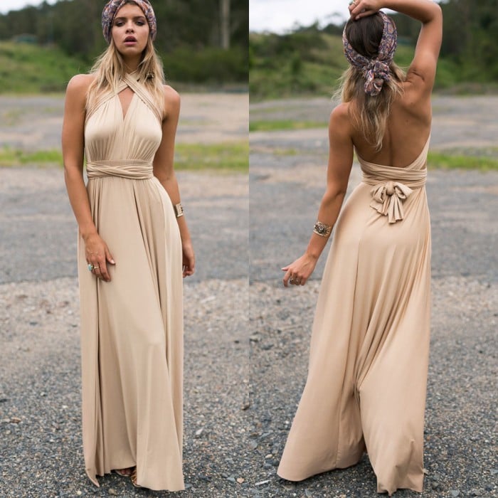 Robe fluide longue femme dos ouvert, parfaite pour l'été, un mariage, une fête ou un bal.