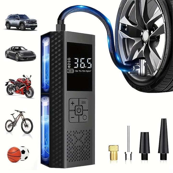 Pompe à pneus compacte sans fil 150 PSI. Gonfleur portable rechargeable pour auto, vélo, équipement sport.