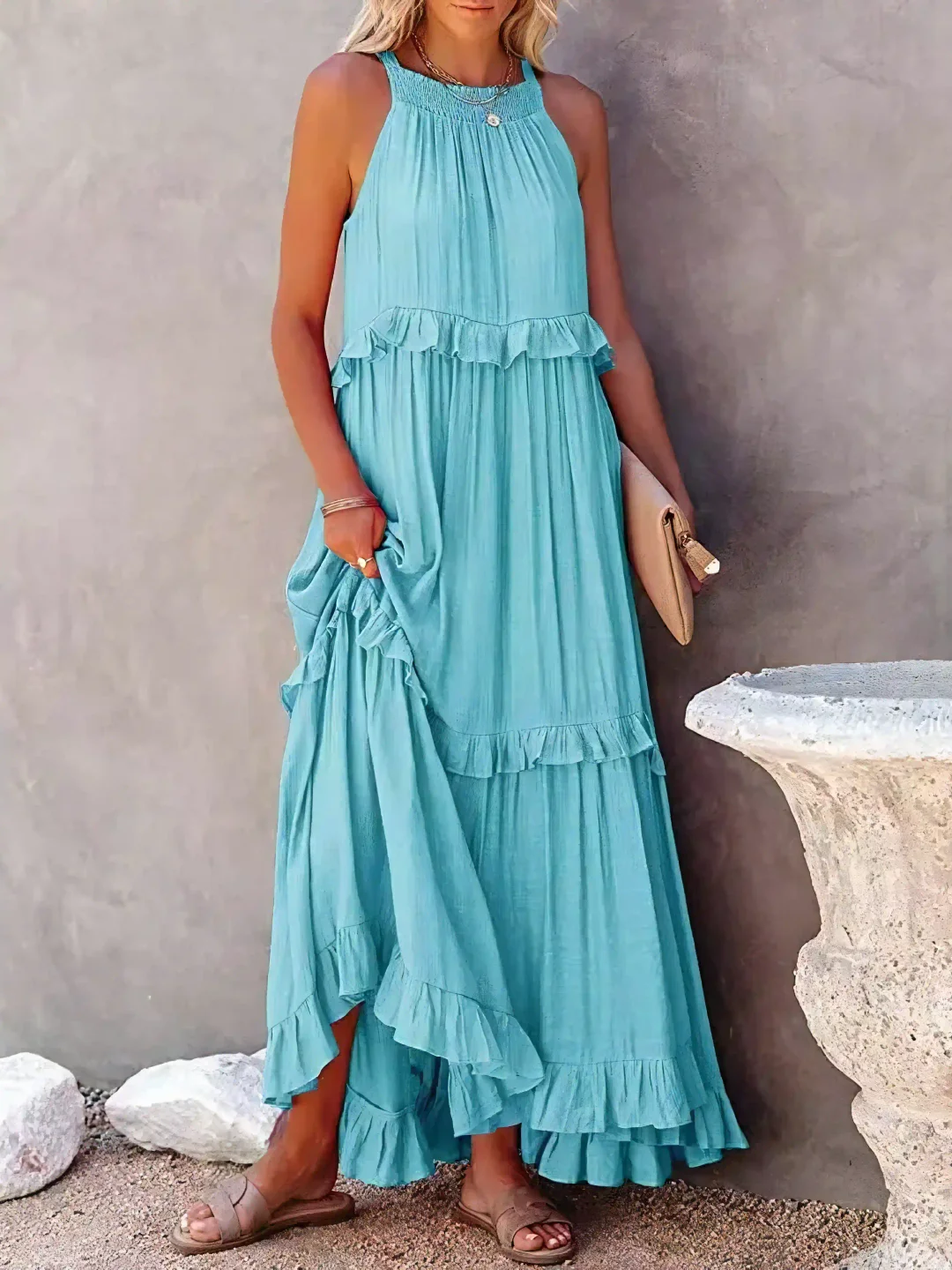 Robe maxi décontractée chic pour femmes, avec volants et style fluide, parfaite pour l'été et le printemps.