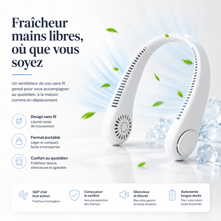 Ventilateur rechargeable pour le cou, design sans fil pour une liberté totale en déplacement.