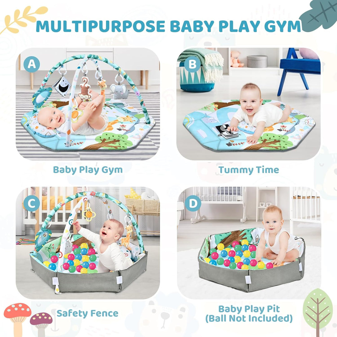 Tapis de jeu lavable pour bébé, avec piscine à balles et jouets d'éveil amovibles pour un apprentissage sécurisé.