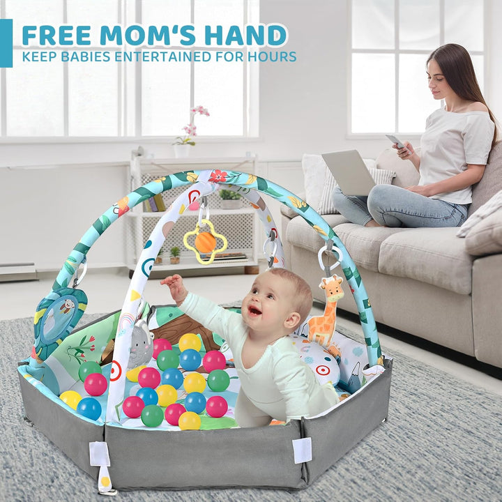 Tapis de jeu évolutif pour bébé et enfant, transformable en piscine à balles, favorisant l'éveil sensoriel.