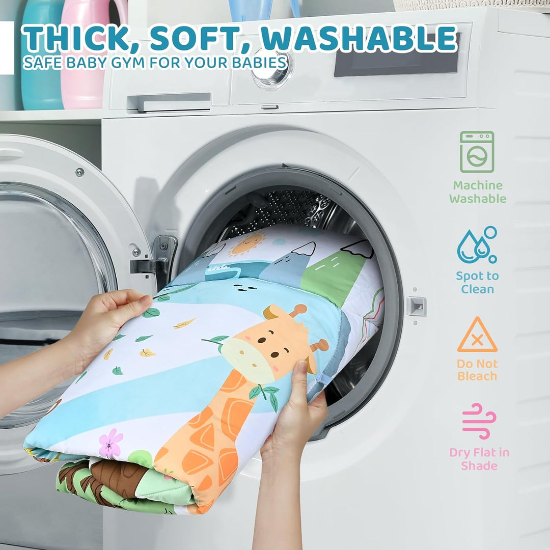 Tapis d'éveil bébé coloré avec arche et jouets interactifs, convertible en piscine à balles pour divertir l'enfant.