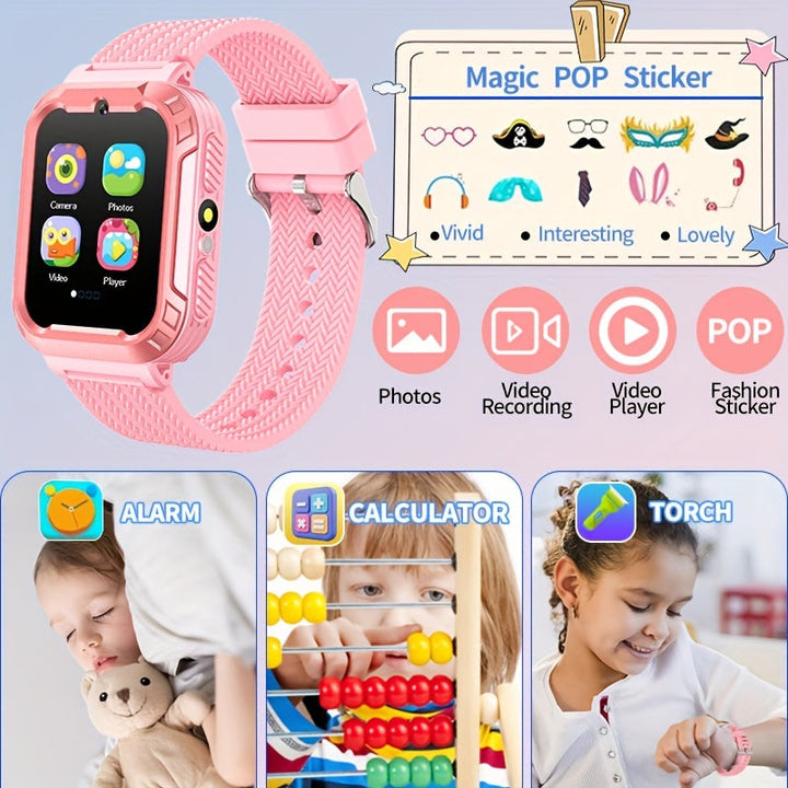 Montre enfant interactive noire, gadget éducatif avec suivi d'activité et jeux pour jeunes utilisateurs.