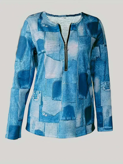 Trendig Denimblus - Långärmad Patchwork