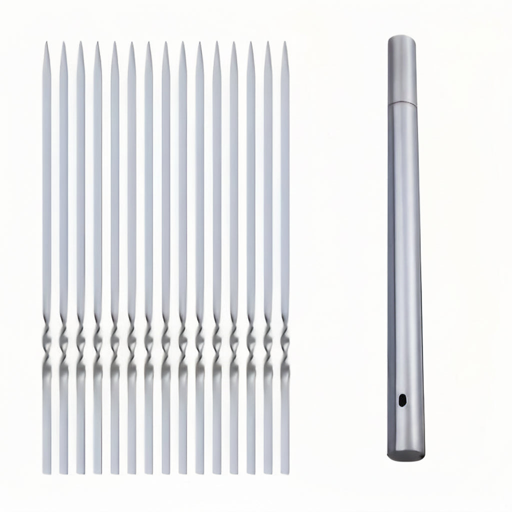 Set de 20 brochettes réutilisables en acier inoxydable avec tube de rangement. Parfait pour cuisine extérieure.