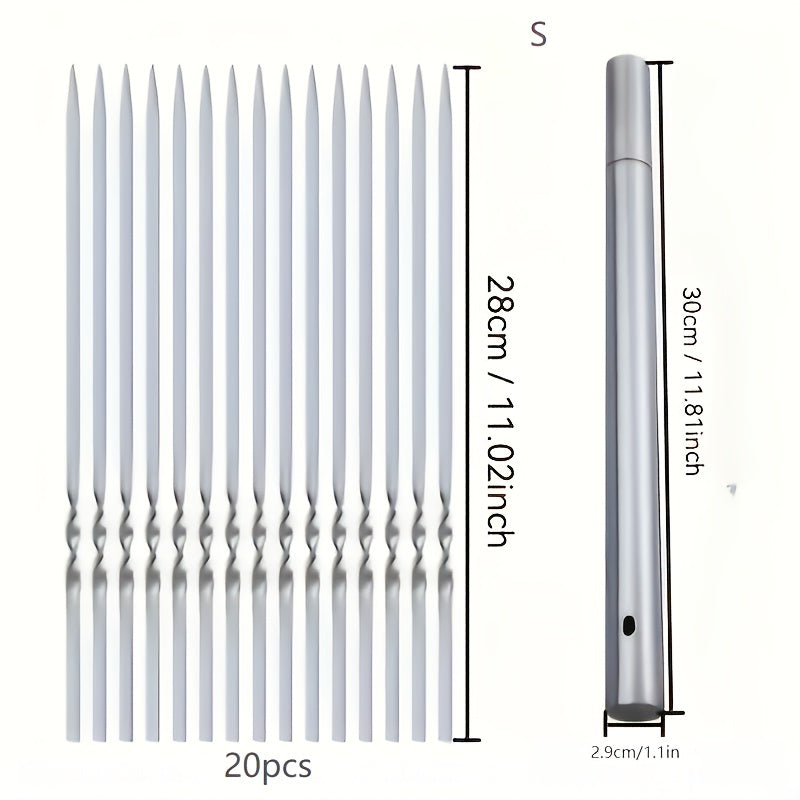 Accessoires barbecue essentiels : 20 brochettes réutilisables en acier inoxydable avec étui de rangement élégant.