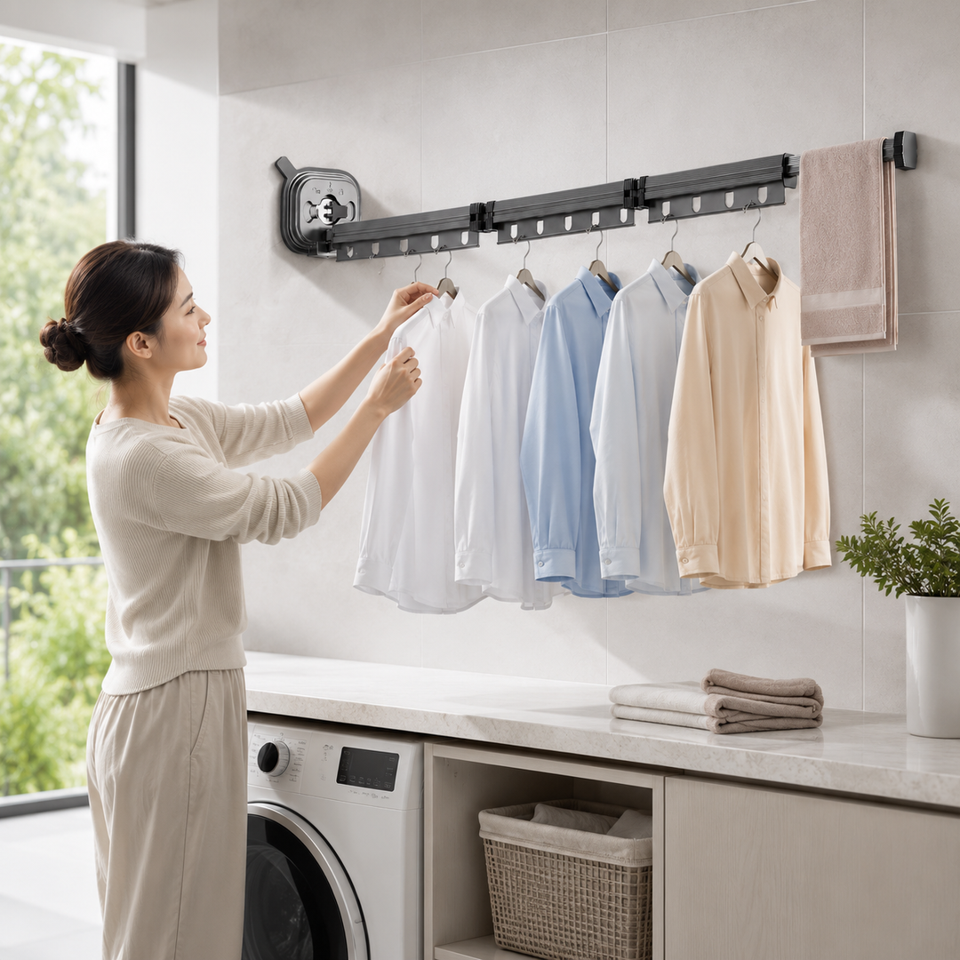 Séchoir à linge mural en aluminium, extensible pour grande capacité et pliable pour un rangement facile.