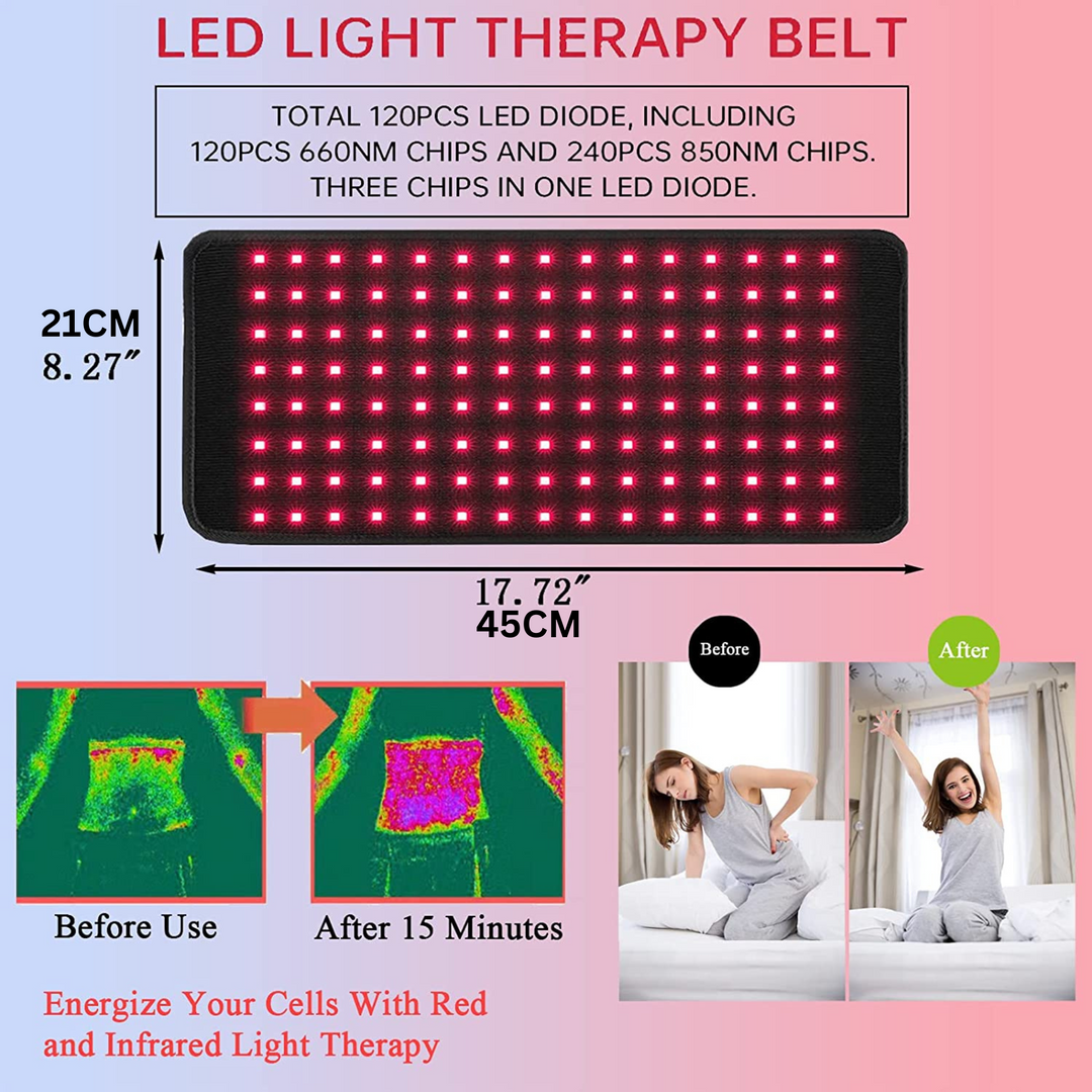 Ceinture de thérapie infrarouge avec lumière rouge pour bien-être et soulagement des douleurs musculaires. Traitement chauffant unisexe.