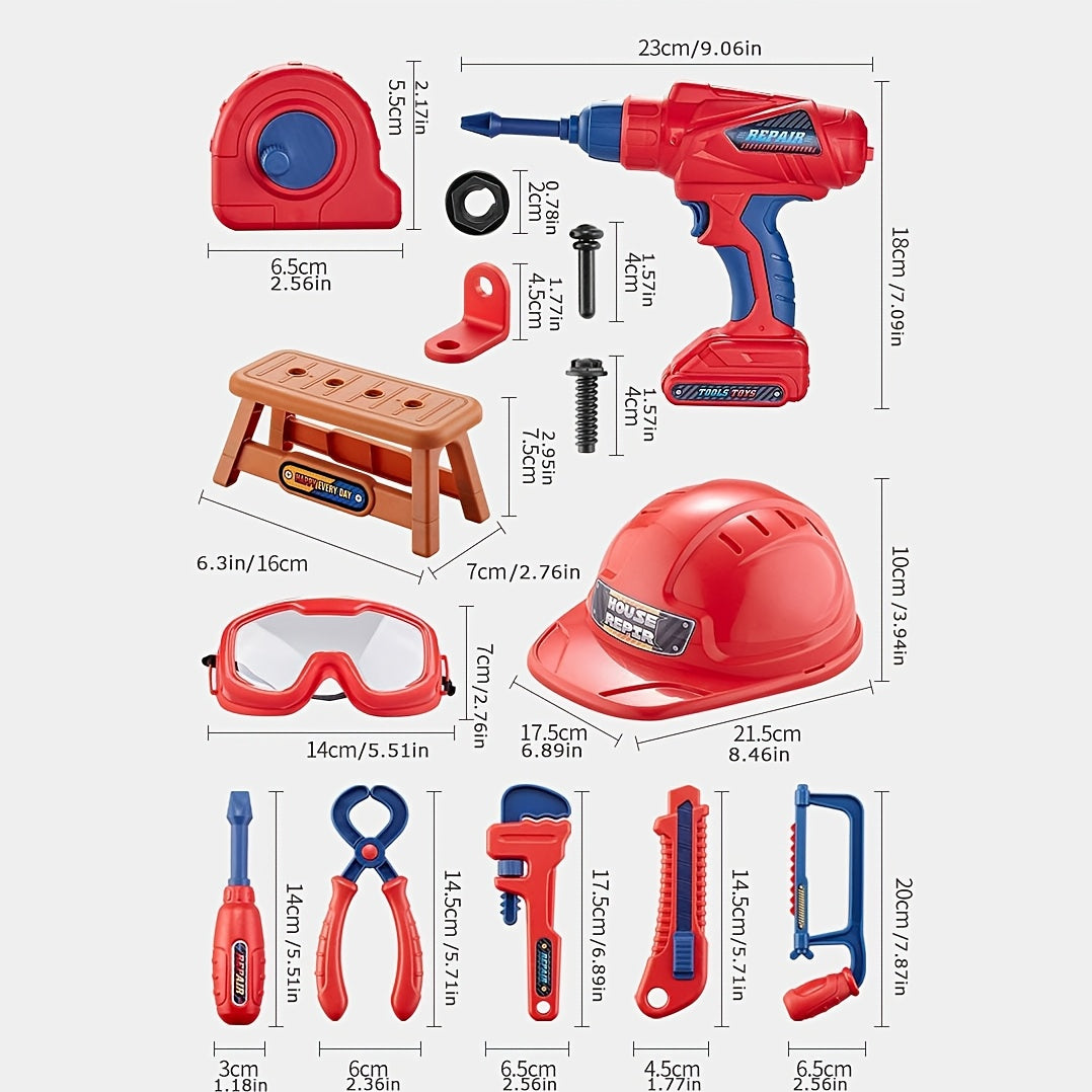 Kit d'apprentissage bricolage pour enfants : 48 outils, perceuse électrique, casque; stimule créativité.