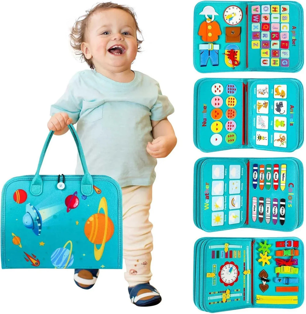 Tableau Montessori en feutre pour enfants, jouet sensoriel stimulant la motricité fine.