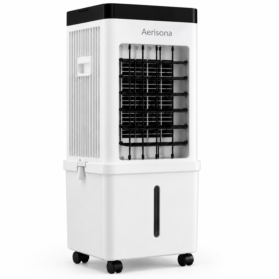 Rafraîchisseur d'air évaporatif mobile 3-en-1, ventilateur et humidificateur, pour un air frais à domicile.