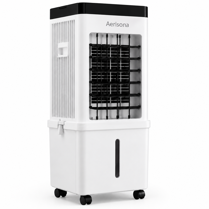 Rafraîchisseur d'air évaporatif mobile 3-en-1, ventilateur et humidificateur, pour un air frais à domicile.
