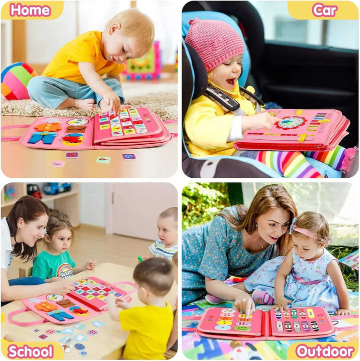Enfant explorant le tableau Montessori éducatif, jouet sensoriel pour tout-petits stimulant l'éveil.