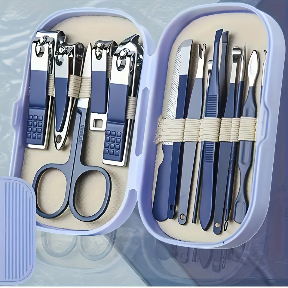Trousse manucure pédicure portable avec 14 outils de précision en acier inoxydable pour hygiène et beauté.