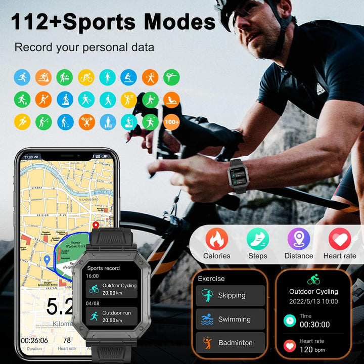 Montre sport homme militaire, suivi d'activité, GPS, connectivité smartphone, et design outdoor.