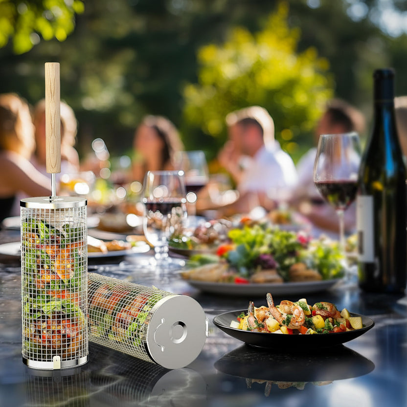 Panier de grill premium en inox pour BBQ. Cuisson uniforme des légumes, crevettes et autres fruits de mer.